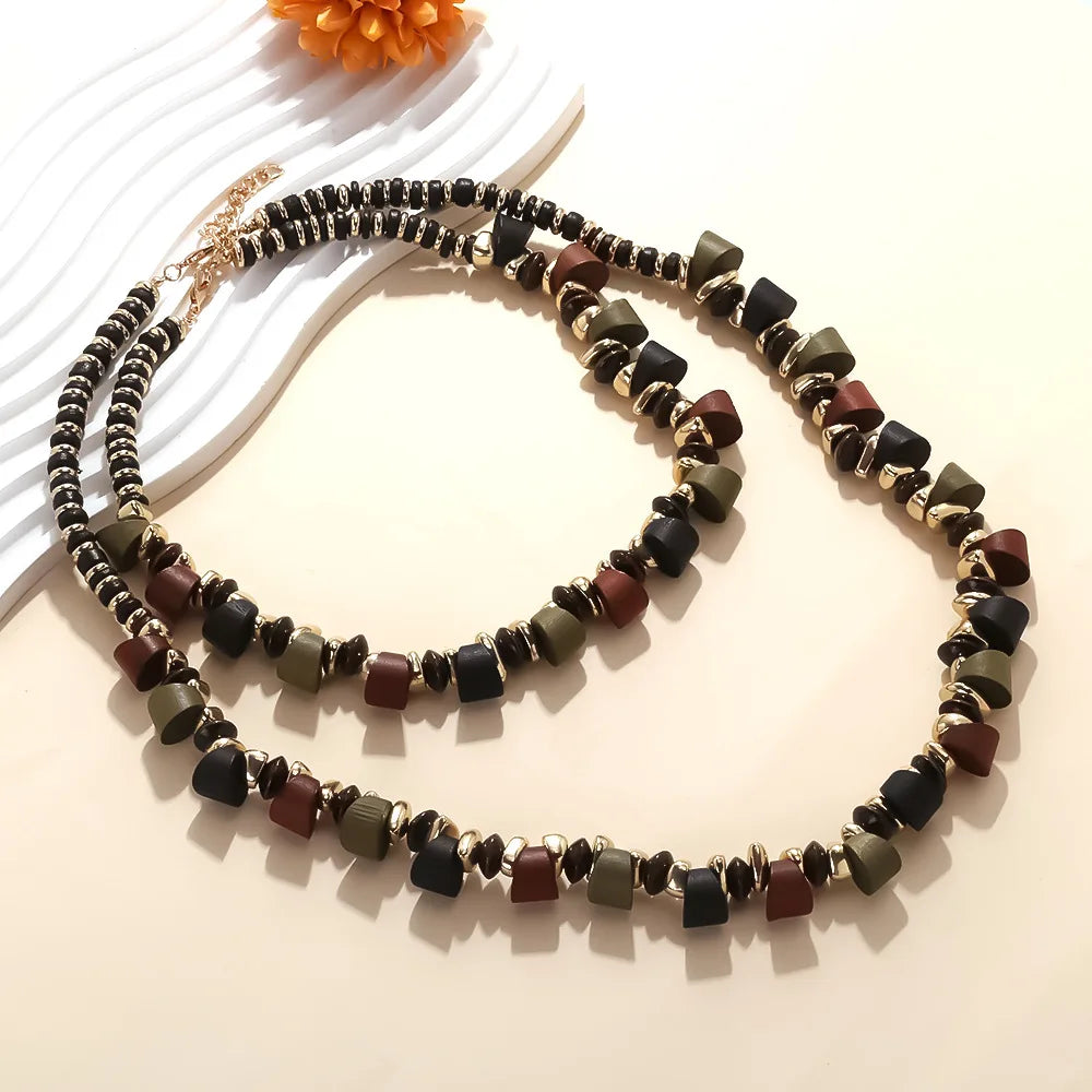 Zvoijio New 2025 Handmade Geometric Wood Beaded Resin Chain Necklace