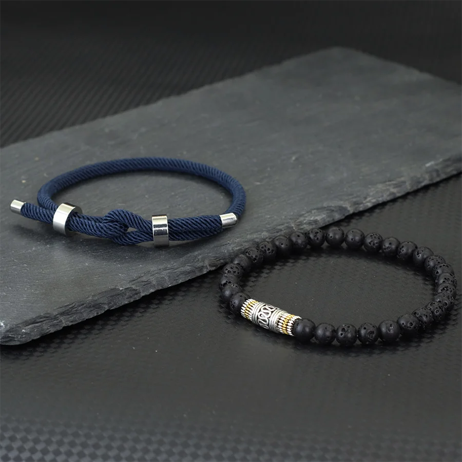 Stylish 2Pcs Men Bracelet Set 4mm Grade A Rope Charm Braslet 6mm Lava Onyx Stone Beaded Braclet Good Luck Red Cord Brazalete