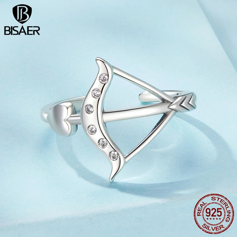 BISAER 925 Sterling Silver Heart Arrow Open Ring Adjustable Eternity Band for Women Engagement Wedding Fine Jewelry ECR1132-E