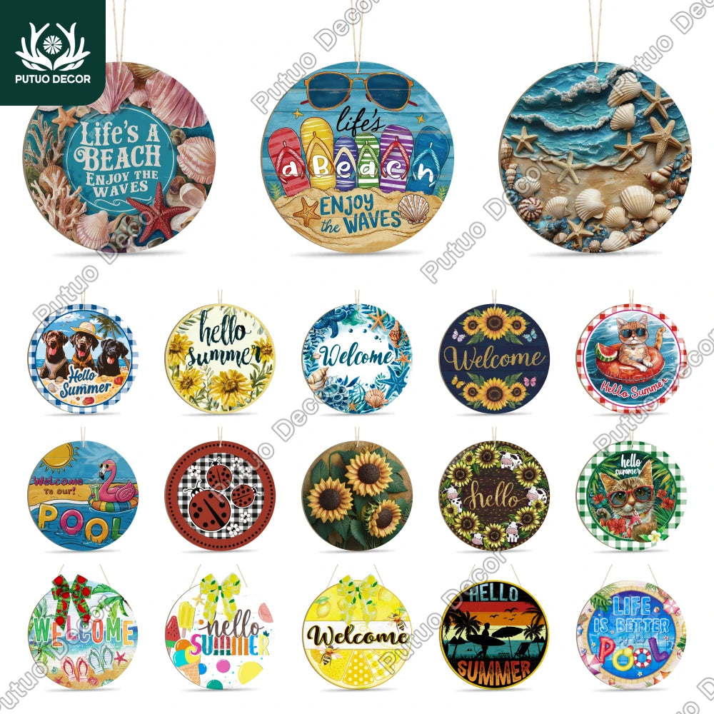 Putuo Decor Round wood decoration, summer, beach, Family Beach Coffee shop Shopping center Wood hanging plate decoration, gifts