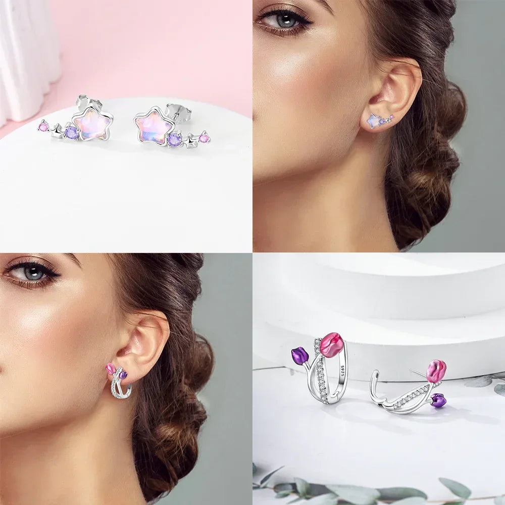925 Sterling Silver Earrings Women Jewelry Butterfly Flower Pink Flowers Zircon Hoop Ear Studs Sparkling Earring Wedding Gift