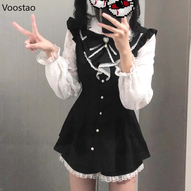 Japanese Gothic Style Rhinestone Bow Dress Women Sweet Fake Two Piece Long Sleeve Slim Shirt Dresses Kawaii Lolita Mini Dress