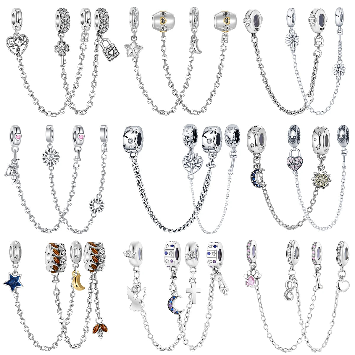 2023 New 925 Sterling Silver Tree Moon Star Safety Chain Beads Bead Fit Original Pandora Bracelet Snake Chain Beaded Women Gift