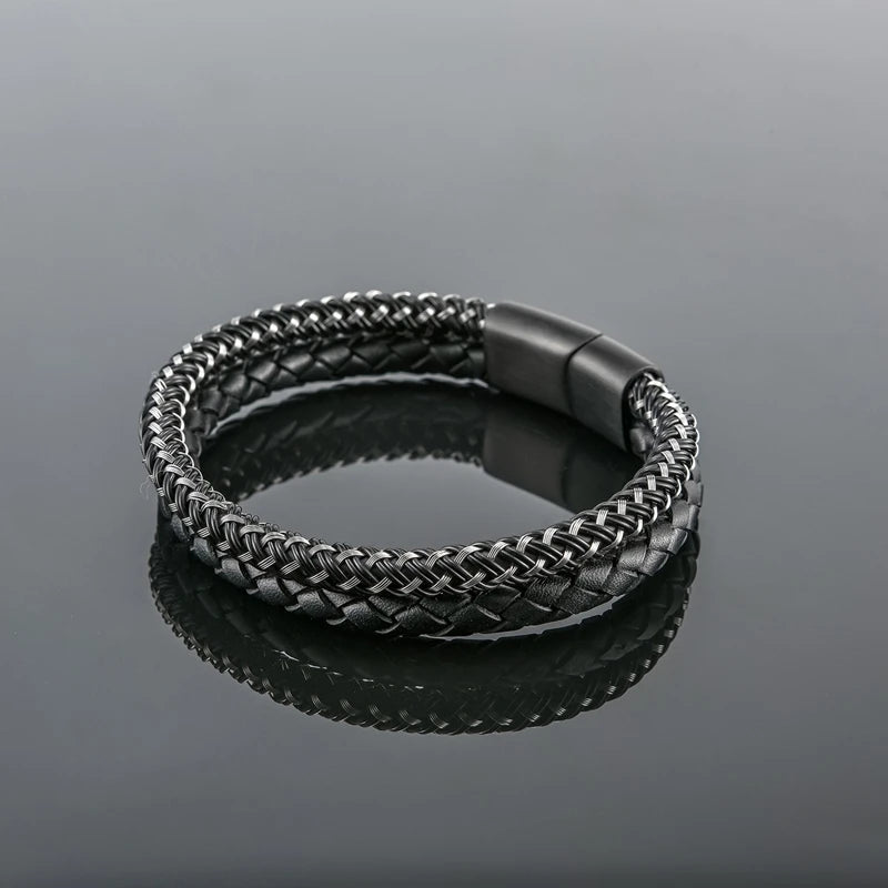 MKENDN Men's Classic Style Leather With Stainless Steel Stitching Combination Bracelet Black Buckle Wristband Accessories Gifts