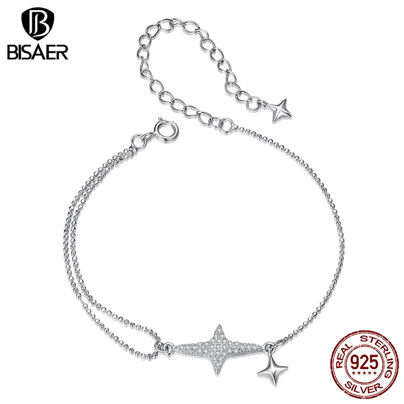 BISAER Bracelet en argent sterling 925 avec breloque réglable en forme d'étoile et zircone plaqué or blanc pour femme