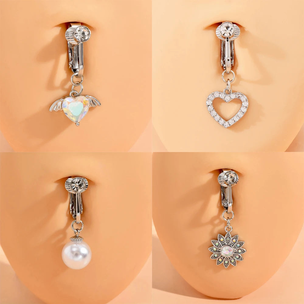 2024 1pcs Fake Belly Button Ring Clip Heart Pearl Chain Angel Piercing Belly Navel Ring Zircon Dangled Pendant Jewelry New Gift