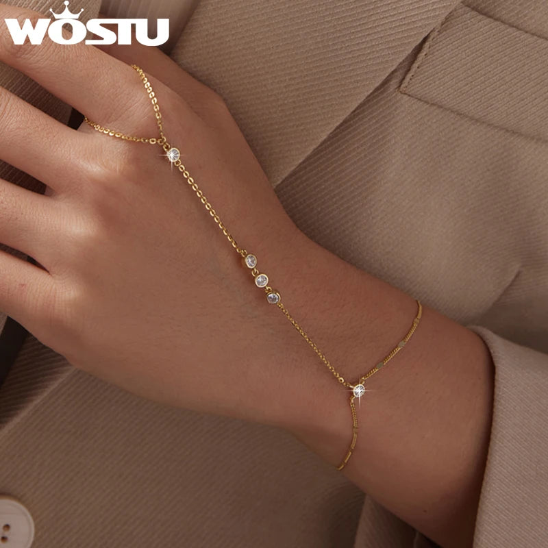WOSTU 925 Sterling Silver 18K Gold Link Chain Ring Bracelets For Women, Shiny AAA Zircon finger wristband Cuff Bracelet Jewelry