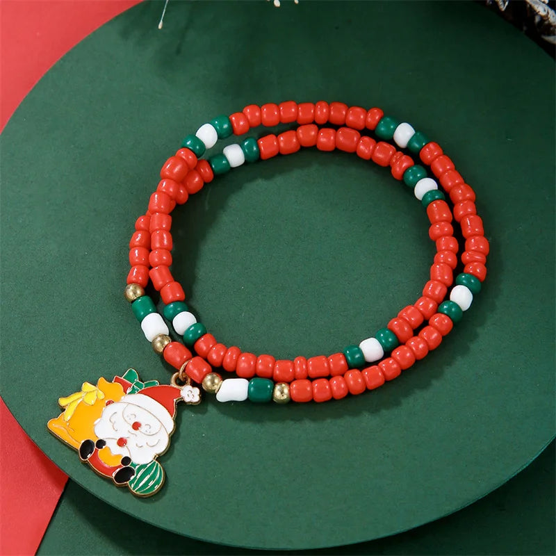 Handmade Rice Beads Christmas Bracelet for Women Santa Claus Snowman Xmas Tree Elk Pendant Bracelets New Year Party Jewelry Gift