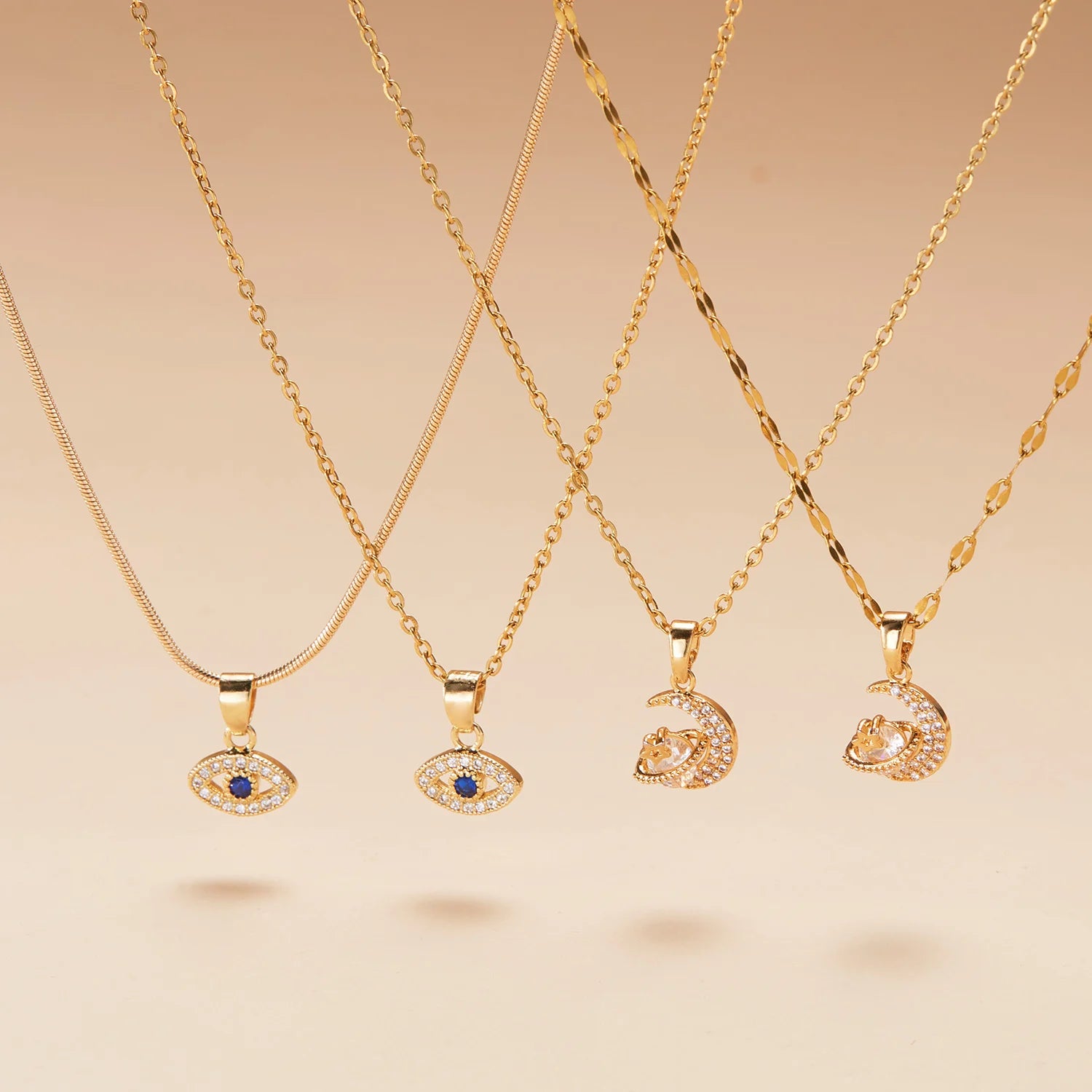 Stainless Steel Inlaid Zircon Moon Star Pendant Necklace For Women Lucky Turkish Evil Eye Clavicle Chain Choker Party Jewelry