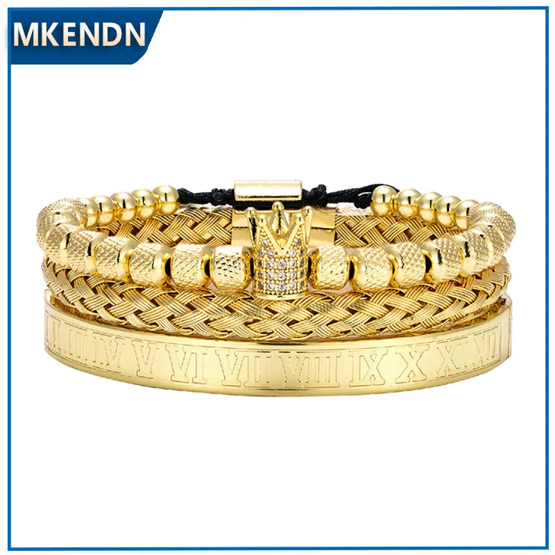 MKENDN Luxury Micro Pave CZ Crown Roman Royal Charm Men Bracelets Stainless Steel Roman Number Bangles Couple Handmade Jewelry