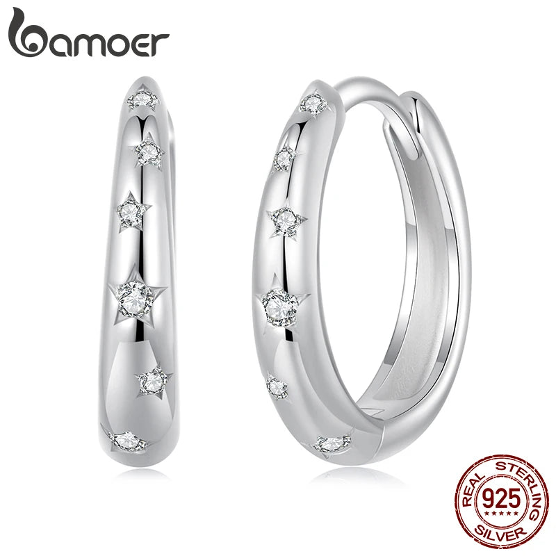 BAMOER 925 Sterling Silber Kleine klobige Creolen mit Stern CZ, dicke leichte weißvergoldete Creolen für Frauen
