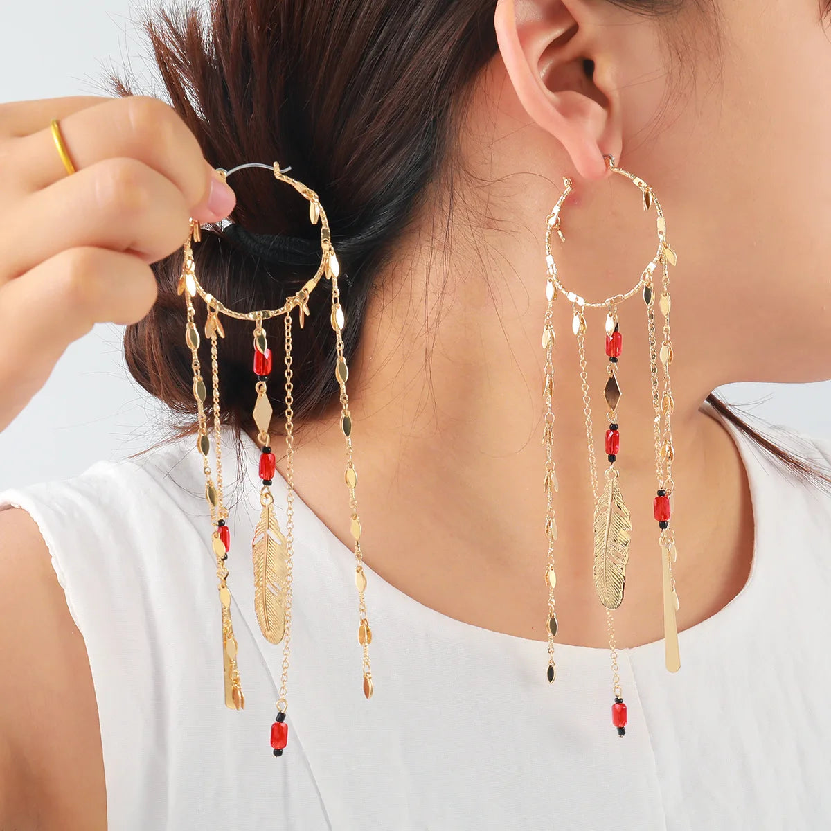 ZAA Exaggerated Tassel Feather Alloy Multi-layer Earrings