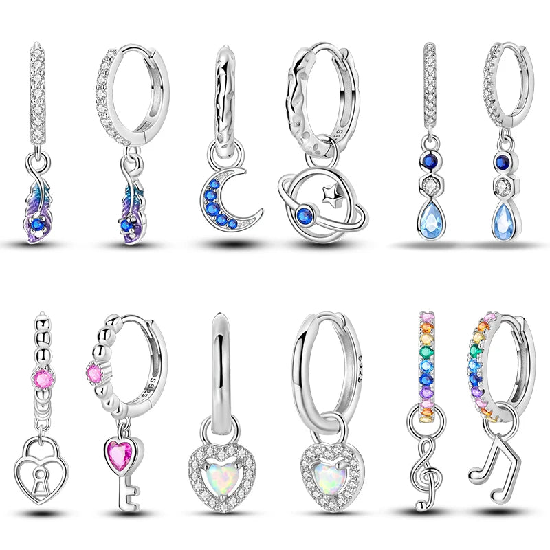 New Earring For Women Girls 100% 925 Sterling Silver Sparkling Zircon Stars Moon Feather Double Hoop Earrings Luxury Jewelry