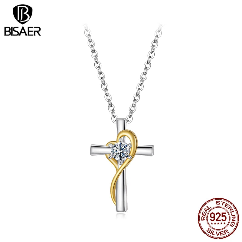 BISAER 925 Sterling Silver Moissanite Cross Necklace VVS1 EX Delicate Lab Diamond Adjustable Chain For Faith Woman Fine Jewelry