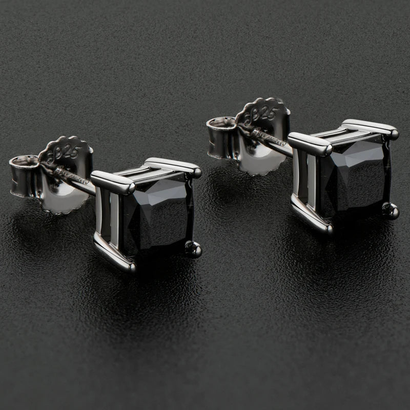 OXTAO Real 925 Sterling Silver Natural Black Agate Square Earrings 5.5mm Fashion Casual Simple Ear Stud for Party Gemstone Gift