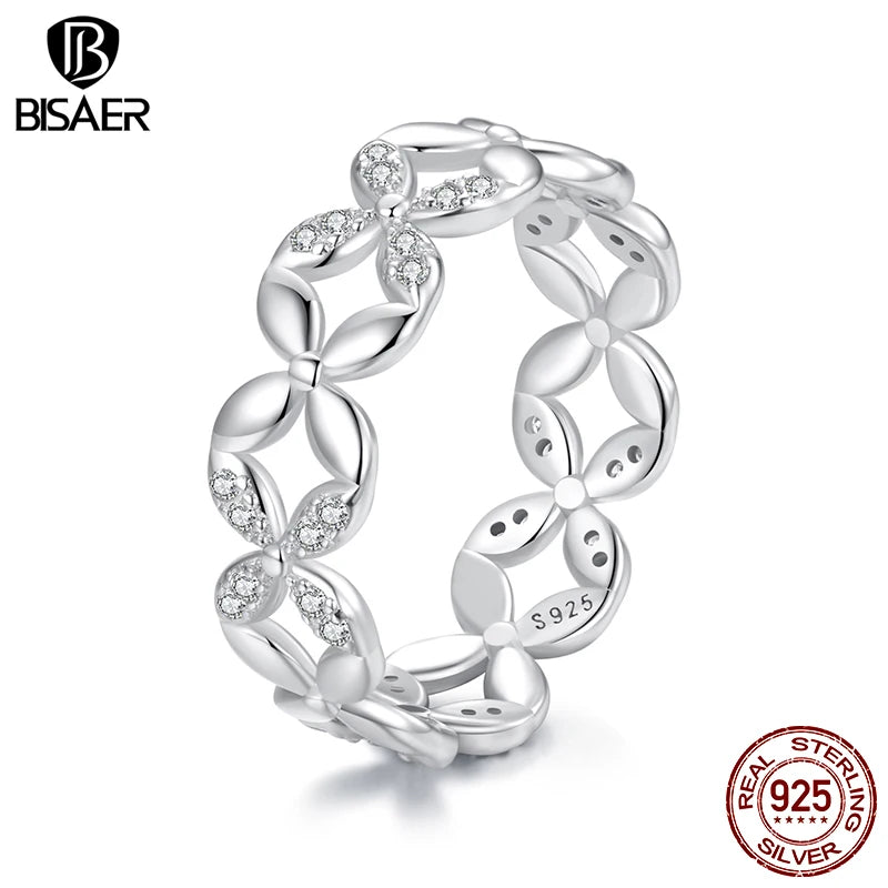 BISAER Bague en argent sterling 925 à quatre pétales avec sertissage pavé et bande en zircon blanc plaqué pour femme, bijoux fins de fête EFR614
