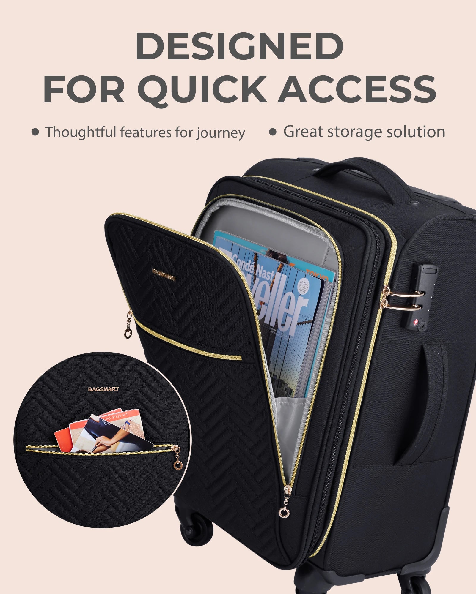 Valise pour ordinateur portable BAGSMART avec poche avant pour homme et femme, extensible, 20 pouces, bagage à main, valises souples à roulettes légères, 16 pouces