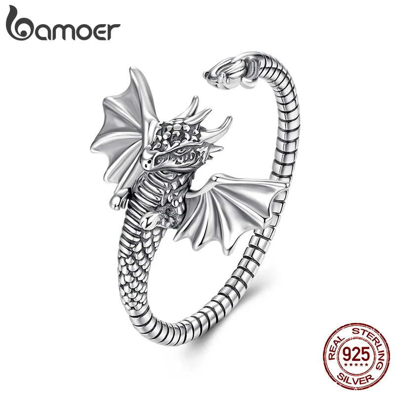 BAMOER 925 Sterling Silver Cute Dragon Open Ring, Dainty Stackable Rings Dragon Ring Chic Jewelry Gifts for Women SCR1133