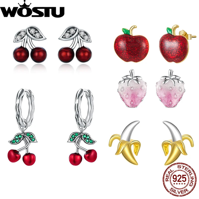 WOSTU 925 Sterling Silver Cherries Earring Strawberry Piercing Red Apple Banana Fruit Cute for Women Birthday Daily Fine Jewelry