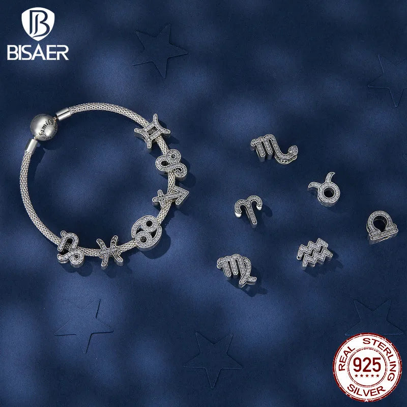 BISAER 925 Sterling Silver 12 Constellation Charms Aries Libra Beads Fit Women DIY Bracelet Necklace Fine Jewelry Birthday Gifts