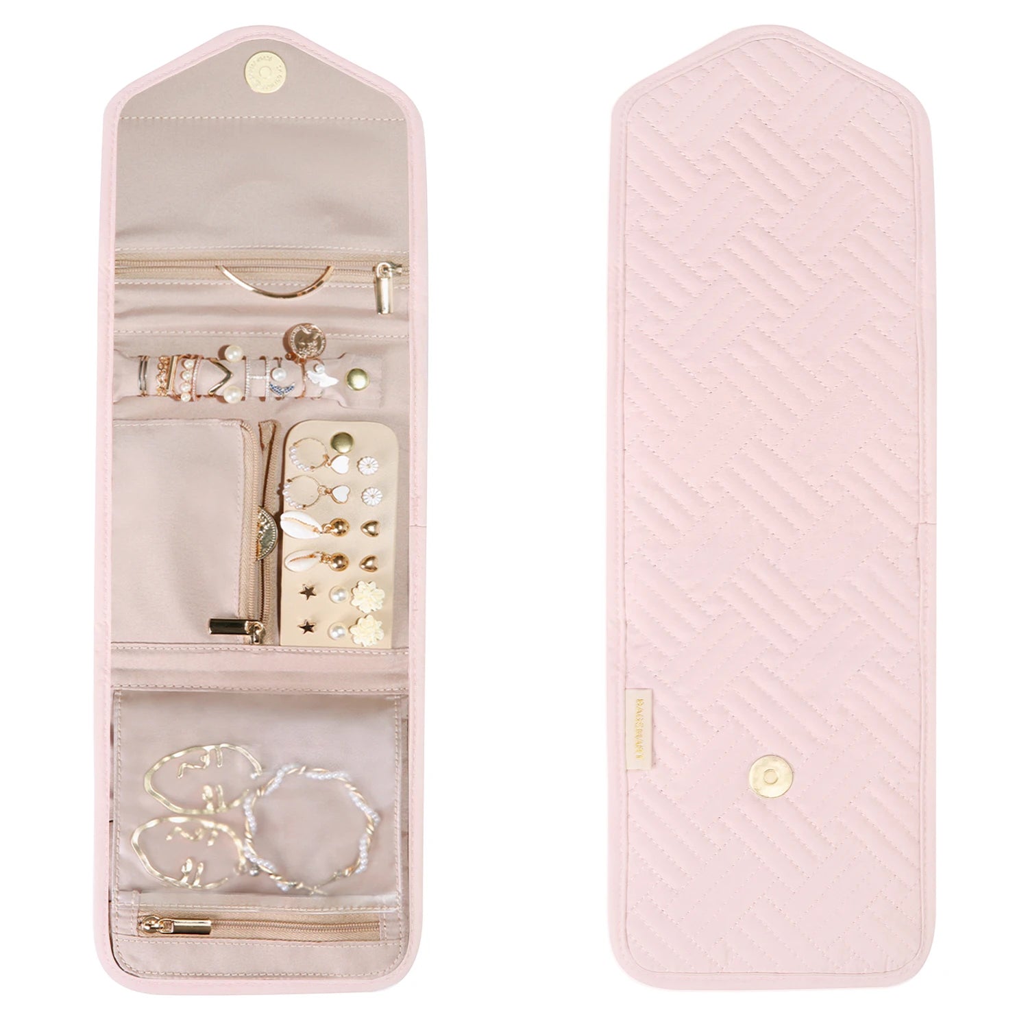BAGSMART Women Jewelry Storage for Roll Foldable Portable Jewelry Box Travel Ring Necklace Bracelet Earrings Holder Light Pink