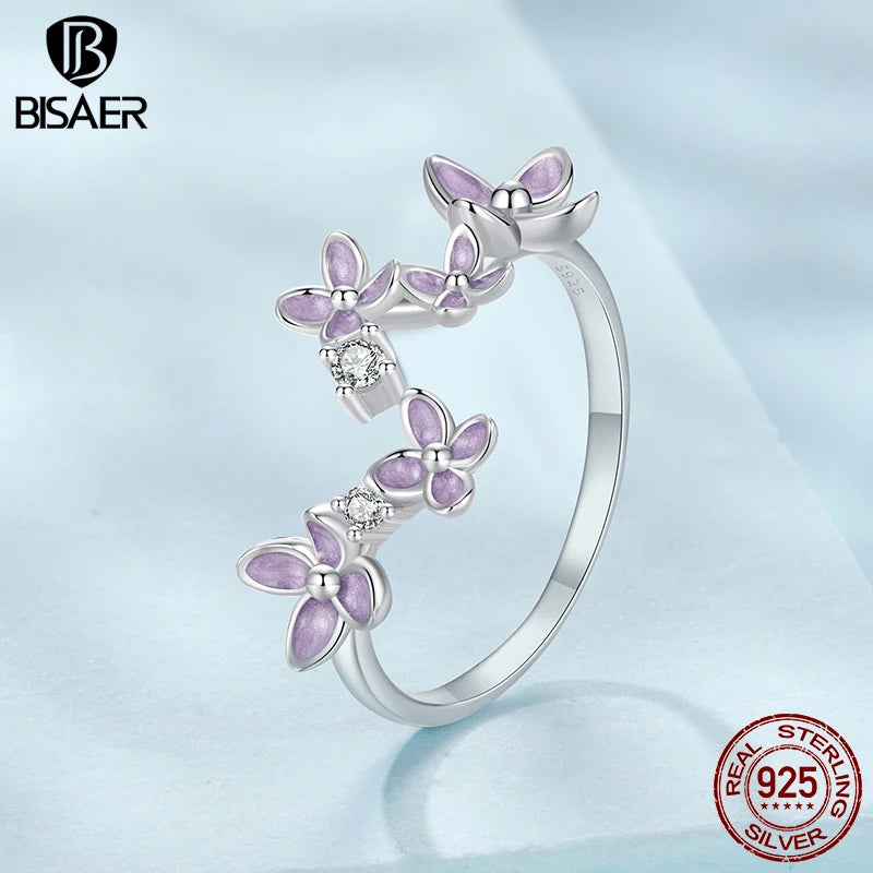BISAER 925 Sterling Silber Lila Blume Offener Ring Emaille Ohrstecker Vergoldet Weißgold Für Luxus Frauen Party Edlen Schmuck