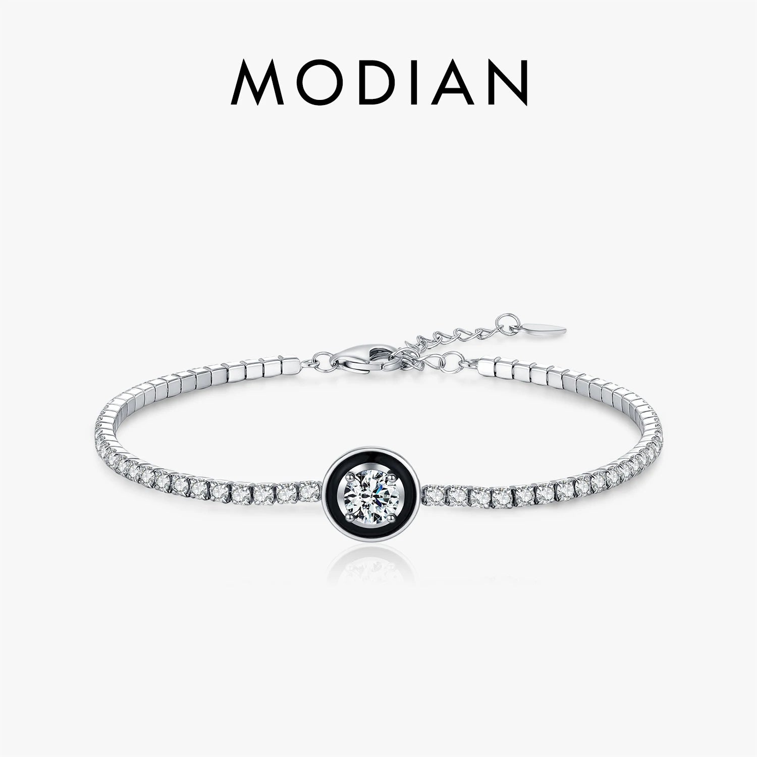 MODIAN 925 Sterling Silver Fashion Black Enamel Round Clear Cubic Zirconia Tennis Bracelet For Women Fine Jewelry Gifts