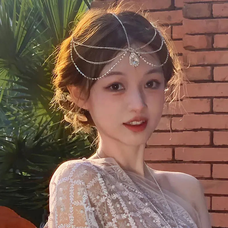 Boho Braut Strass Kopfkette Stirnbänder für Frauen Hochzeitsaccessoires Kristall Stirnkette Indischer Haarschmuck