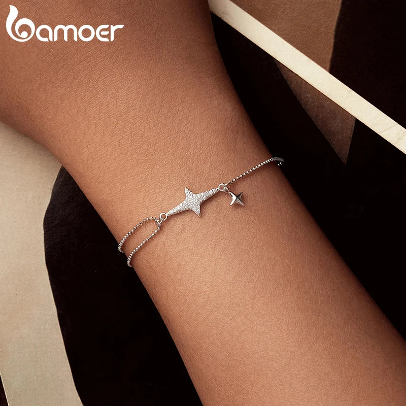 BAMOER 925 Sterling Silver Dainty Starlight White Gold Plated Stackable Bracelet for Women, Adjustable Link Chain CZ Bracelets