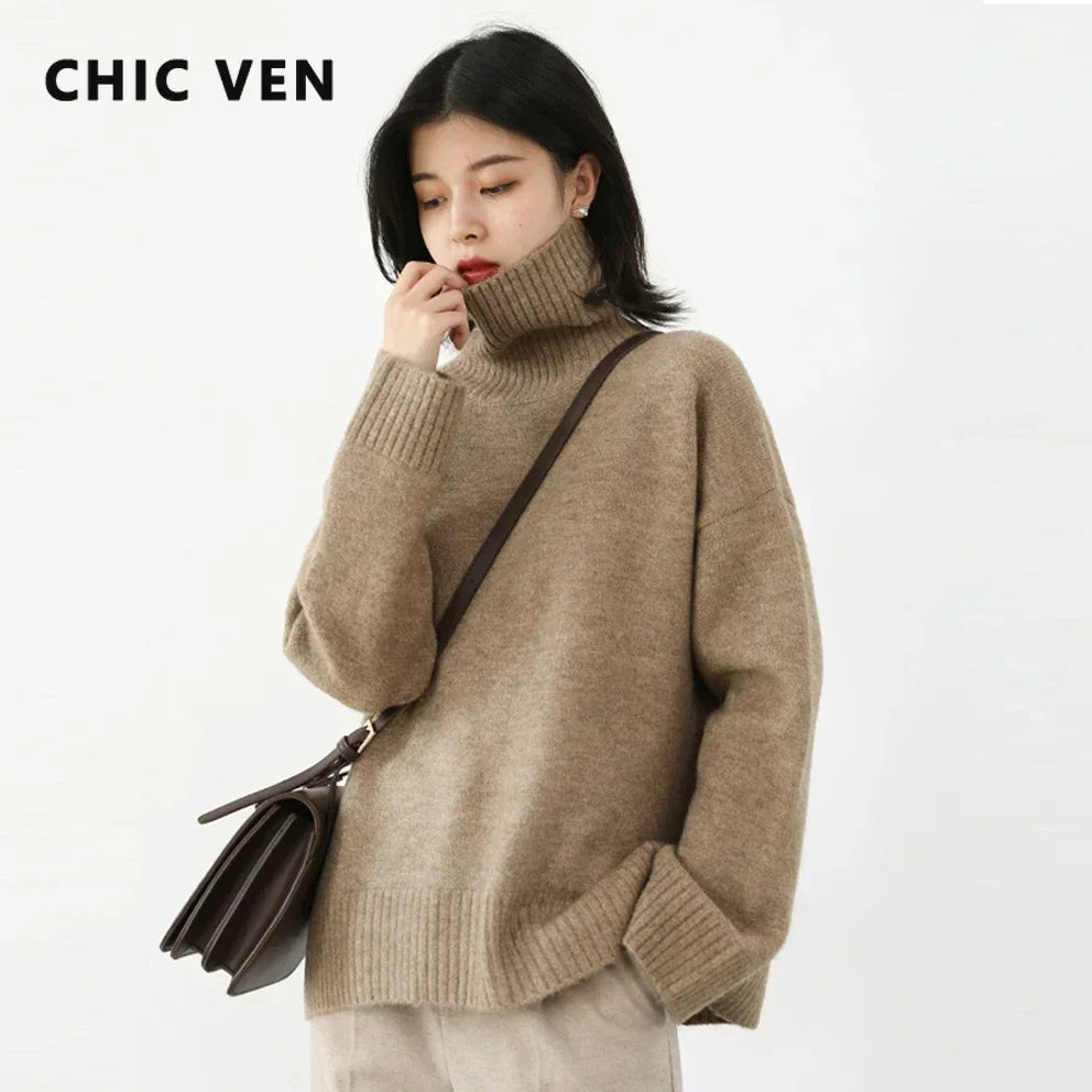 CHIC VEN Koreanische frauen Pullover Lose Rollkragen Pullover Warme Solide Pullover Strickwaren Grundlegende Weibliche Tops Herbst Winter 2022