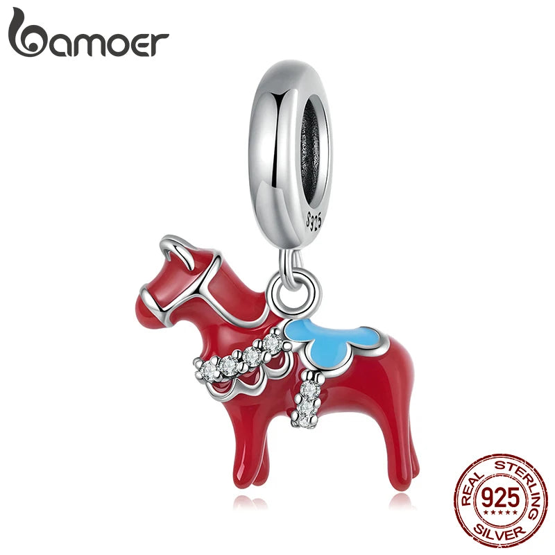 BAMOER Solid 925 Sterling Silver Dalarna Horse Charm Pendant fit Original Bracelet DIY Jewelry Accessories bamoer Beads SCC3072