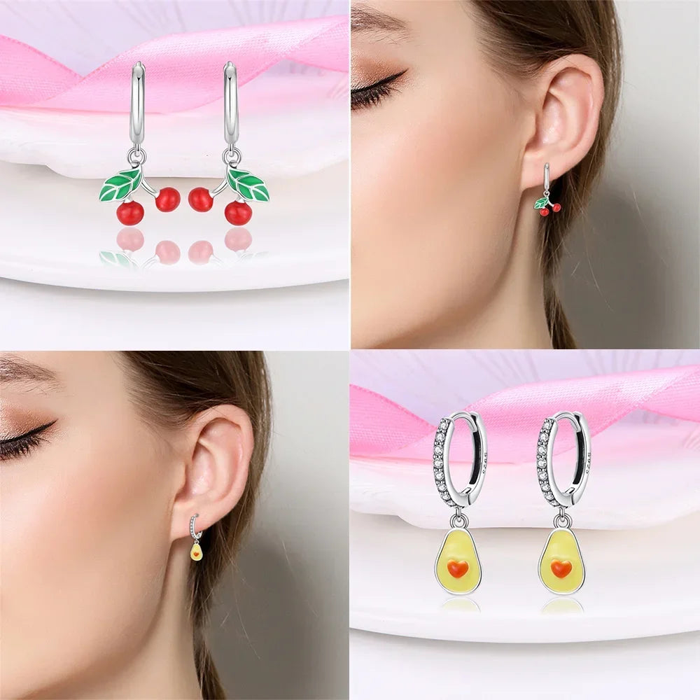 Earrings Woman 925 Silver Cherry Pear Apple Butterfly Sunflower Hoop Earrings for Women Engagement Birthday Fine Jewelry Gift