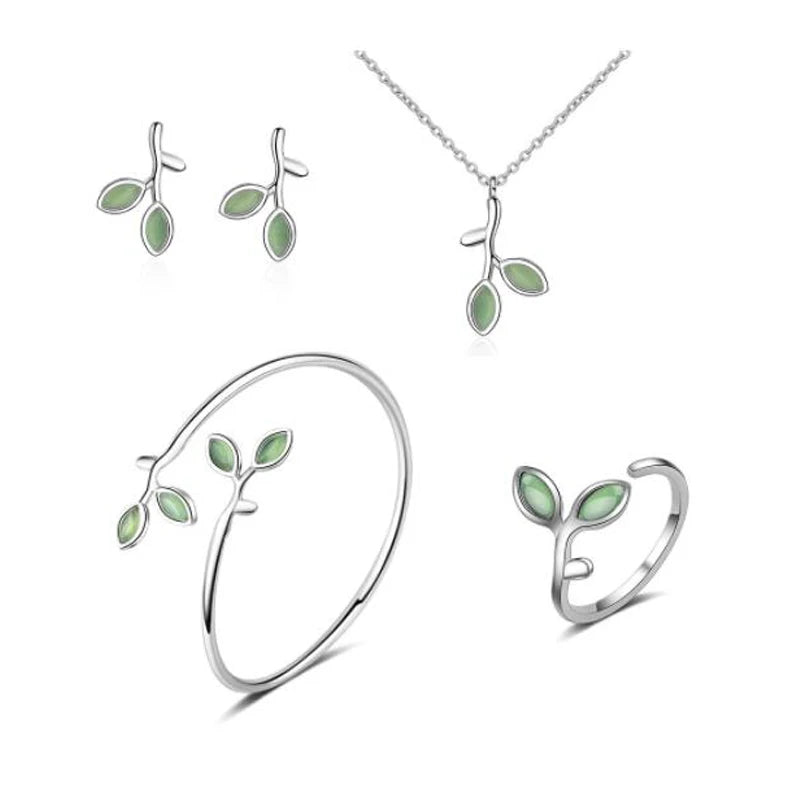 925 Sterling Silver Jewelry Sets Enamel Green Olive Branch Leaves Earring+Ring+Necklace+Bangle For Women Fine Jewelry Bijoux