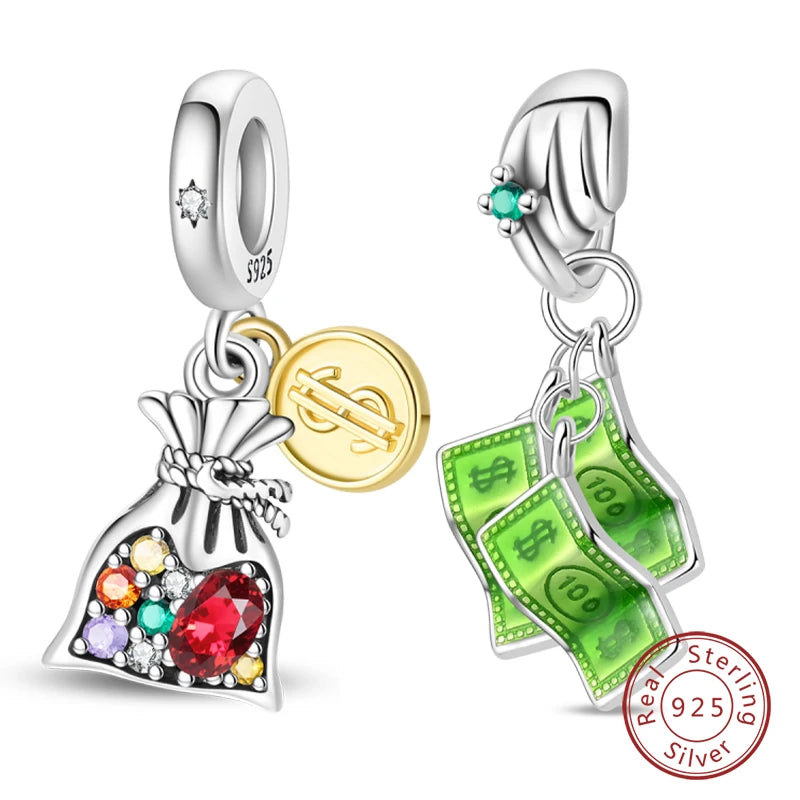 925 Sterling Silver US Dollar Wealth Freedom Rich Money Bag Pendants Charms Beads Fit Original Bracelets DIY Jewelry