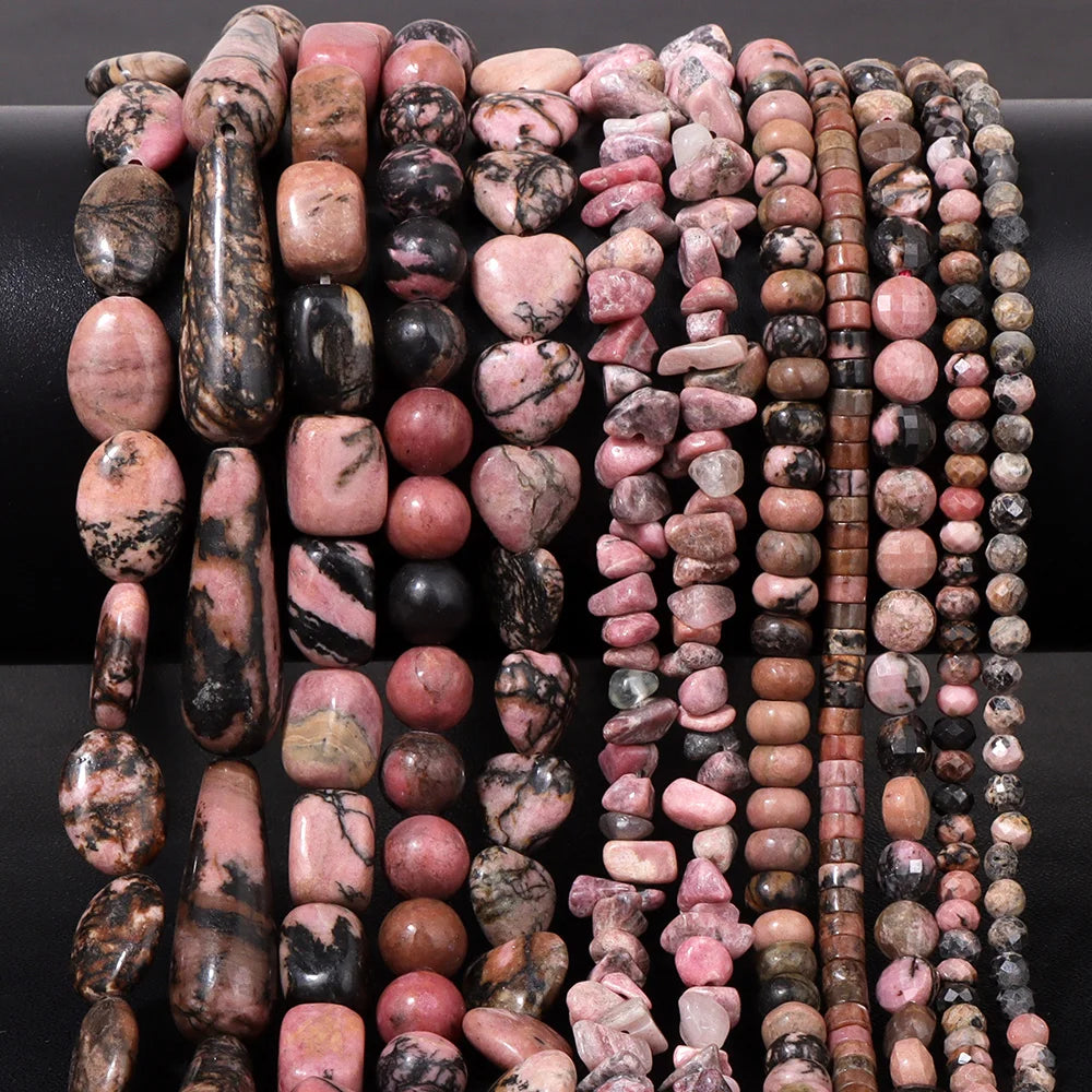 Wholesale Natural Pink Black Rhodonite Stone Beads Round Oval Rondelle Loose Spacer Gem Bead For Jewelry Making DIY Accessories