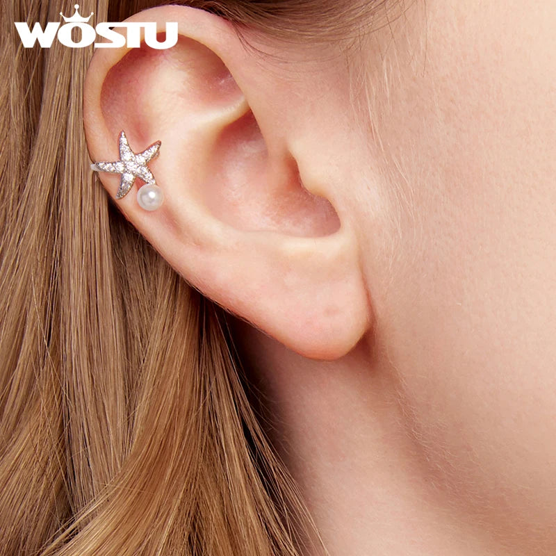 WOSTU 925 Sterling Silver Starfish Mermaid Ear Cuff Clip Earrings For Women Fashion Jewelry CQE842