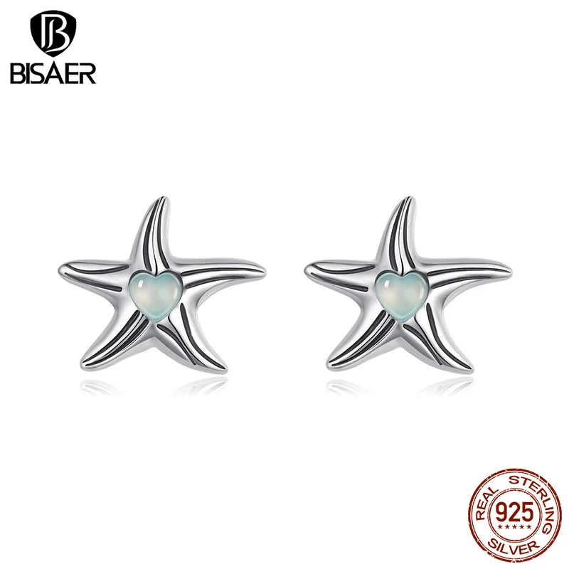 BISAER 925 Sterling Silver Starfish Stud Earrings Heart Glass Marine Animals Stud Ear for Women Party Fine Jewelry Holiday Gift