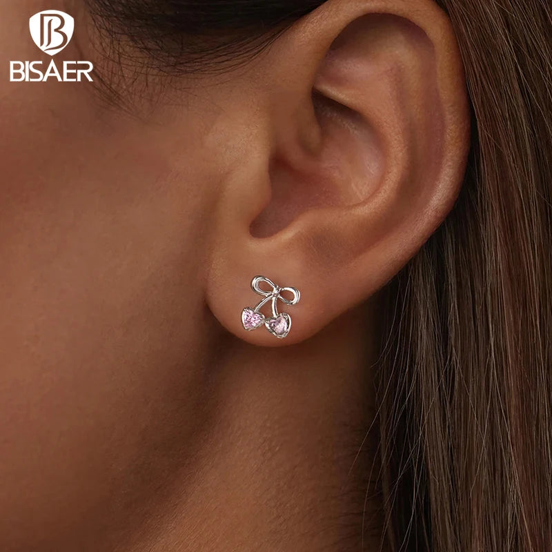 BISAER 925 Sterling Silver Pink Cherry Stud Earrings, Heart CZ Stud Ear for Romantic Women Girls Party Fine Jewelry ECE1952