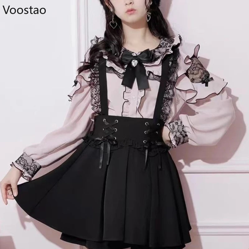 Japanese Gothic Lolita Shirt Women Y2k Aesthetic Sweet Bow Lace Ruffles Long Sleeve Blouse Women Harajuku Elegant Clothes Tops