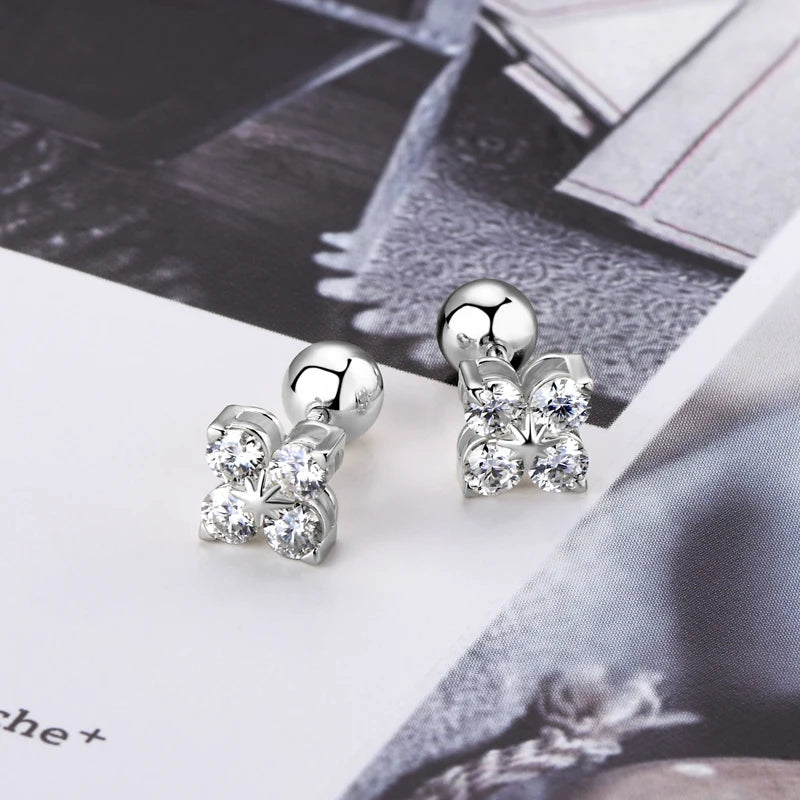 OXTAO D Color 3.0mm Moissanite Stud Earring Ladies 925 Sterling Silver Daily Wear Fashion Four Leaf Clover Earrings Jewelry Gift
