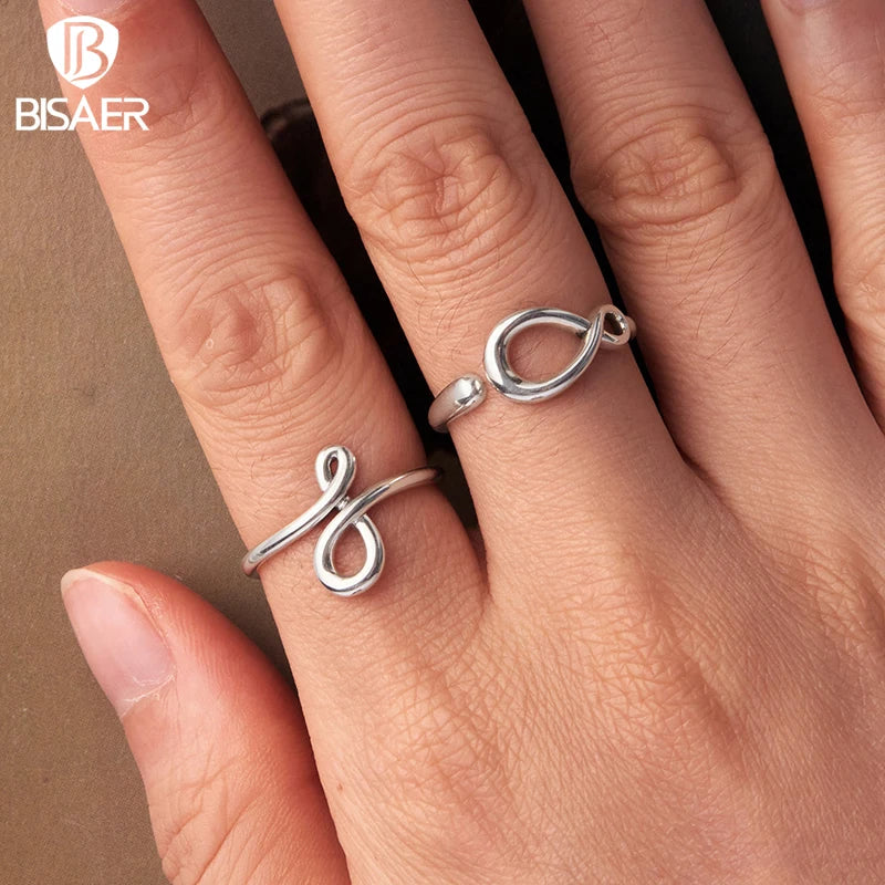 BISAER 925 Sterling Silver Infinite Sleek Open Ring Minimalist Metal Adjustable Band Plated White Gold for Women Fine Jewelry