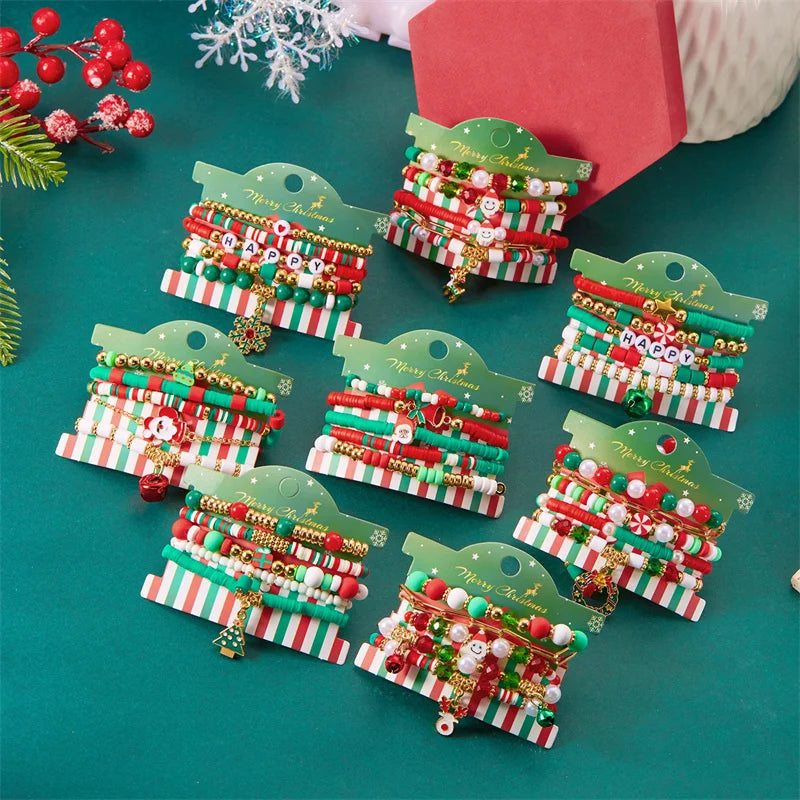 5Pcs Multilayer Beaded Bracelet Set For Women Multicolor Rice Beads Christmas Tree Santa Claus Snowman Bangle New Year Jewelry
