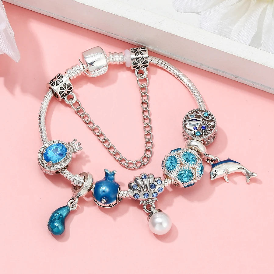 Seialoy Cyan Cristal Couronne Perle Coquillage Charm Bracelets Pour Femmes Homme DIY Sea World Narwhal Perles Dauphin Pendentif Bracelet Bijoux