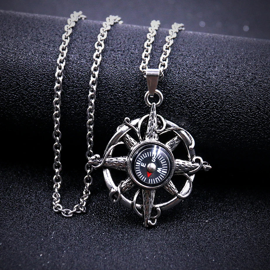 Vintage Navy Compass Pendant Necklace Silver Color North Star Pendant Punk Direction Amulet Sweater Chain Men Fashion Jewelry