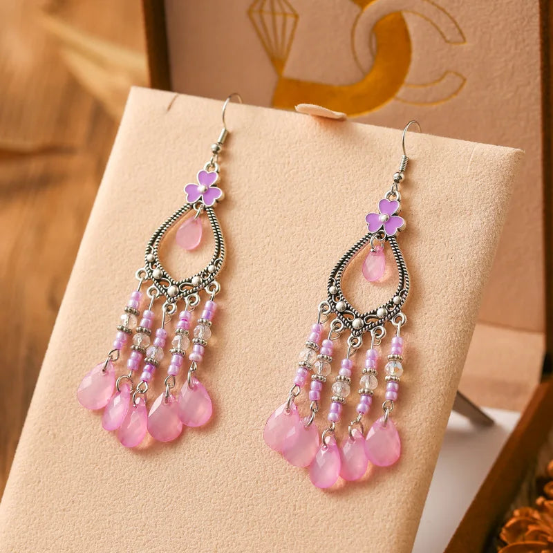 New Bohemian Long Rice Bead Water Drop Earrings for Women Ethnic Retro Drop Oil Hollow Dangle Earrings Vacation Party Jewelry