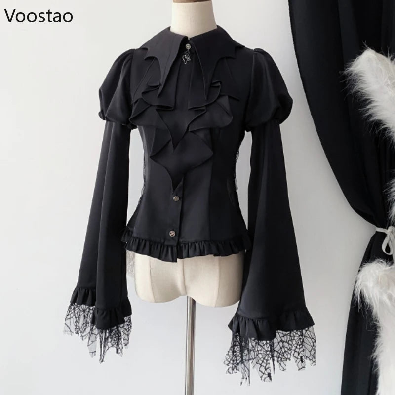 Victorian Vintage Lolita Style Shirt Women Casual Gothic Mesh Lantern Sleeve Slim Blouse Female Y2k Aesthetic Kawaii Tops Blusas