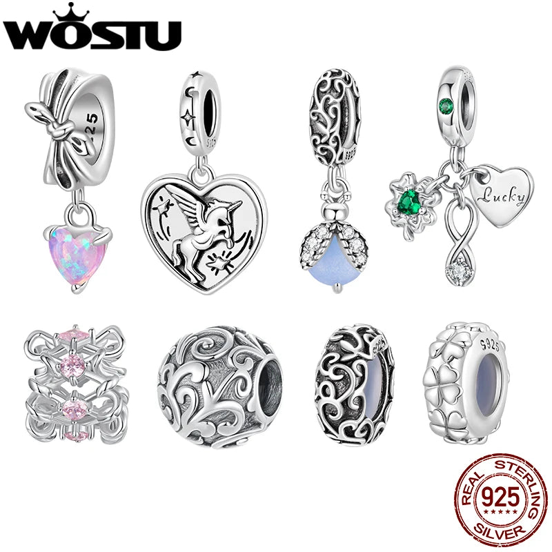 WOSTU 925 Silver Original Charm Four-leaf Clover Unicorn Pendant Bow Spacer Silicone Bead Fit Bracelet Necklace DIY jewelry Gift