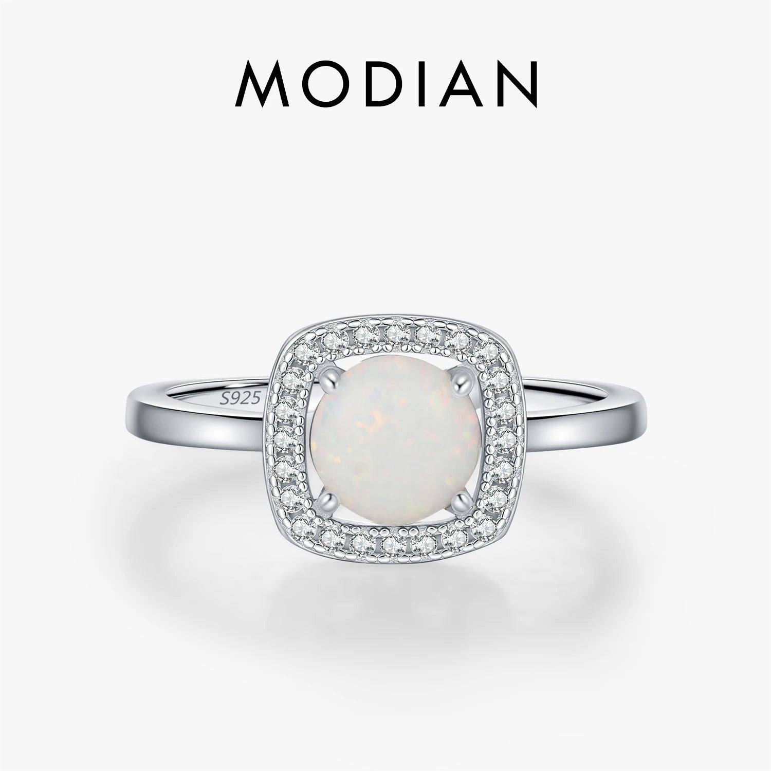 MODIAN 925 Sterling Silver Exquisite Square Rings Elegant Round Halo Opal Finger Rings For Women Dating Fine Jewelry Gifts