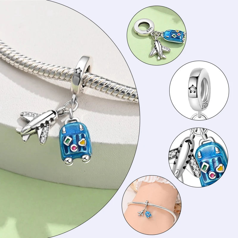 Original Charms Pendant Real S925 Sterling Silver Travel Luggage Airplane Charms Beads for Women Fine Jewelry Gift Making