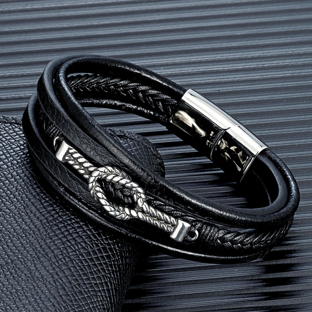 MKENDN High Quality Braided Leather Bracelet Men Stainless Steel Magnet Buckle Infinity Knot Leather Bracelet For Men Jewelry
